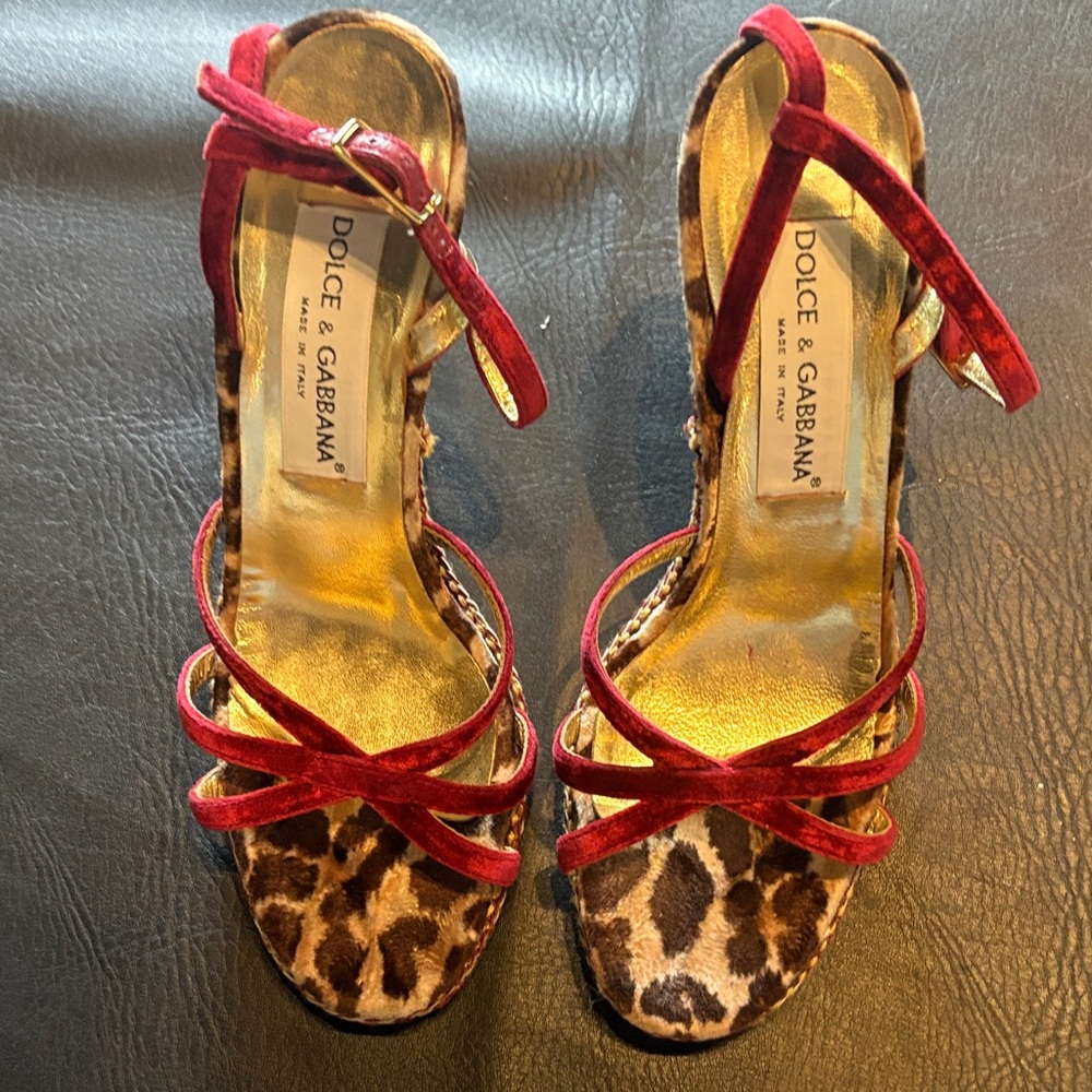 Dolce & Gabbana Red Velvet & Leopard Print Heels